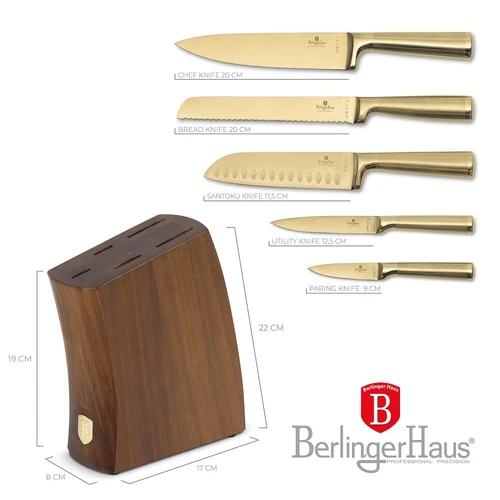 סט סכינים זהב יוקרתי עם מעמד עץ אקציה Berlinger Haus ברלינגר האוס