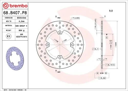 צלחת בלם אחורית ברמבו Serie Oro דגם 68B407P8 לקוואסאקי NINJA ZX10R, קוטר 220 מ