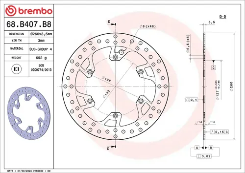 צלחת בלם קבועה ברמבו Serie Oro דגם 68B407B8 לאופנועי KTM EXC530 2008-2011, עשויה נירוסטה איכותית בקוטר 260 מ