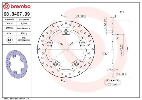 צלחת בלם אופנוע ברמבו Serie Oro דגם 68B40799 בקוטר 240 מ