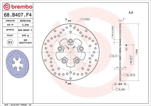 צלחת בלם קדמית ברמבו Serie Oro דגם 68B407F4 לאופנוע סאן Jet4 125, עשויה פלדת אל-חלד בקוטר 226 מ