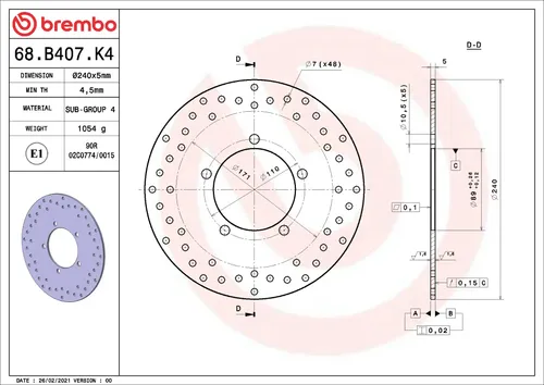 צלחת בלם ברמבו Serie Oro 68B407K4 קבועה בקוטר 240 מ