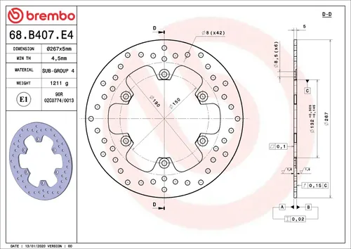 צלחת בלם אופנוע ברמבו Serie Oro דגם 68B407E4 בקוטר 267 מ
