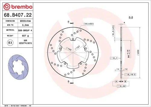 צלחת בלם אופנוע ברמבו Serie Oro דגם 68B40722 בקוטר 200 מ