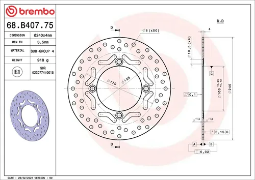 צלחת בלם קדמית ברמבו Serie Oro דגם 68B40775 לאופנוע הונדה NSS250 Forza, עשויה פלדת אל-חלד בקוטר 240 מילימטר עם 4 חורי הידוק, מציעה ביצועי בלימה מעולים ועמידות גבוהה