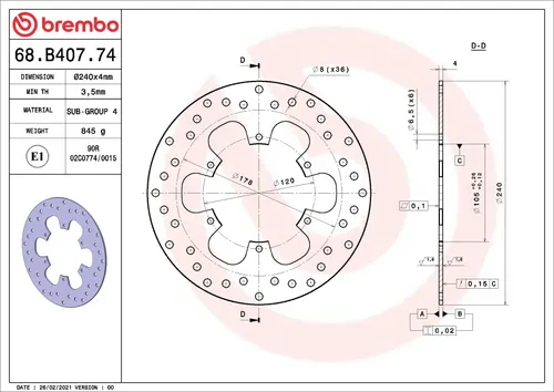 צלחת בלם קדמית ברמבו Serie Oro דגם 68B40774 לאופנועי פיאג'יו MP3 500LT, עשויה פלדת אל-חלד בקוטר 240 מ