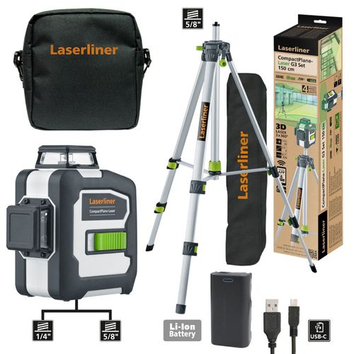 לייזר 3D ירוק LASERLINER CompactPlane-Laser 3G דגם 036.299A - מכשיר פילוס מקצועי עם שלושה היקפי לייזר וחצובת אלומיניום לעבודות בנייה ויישור מדויק