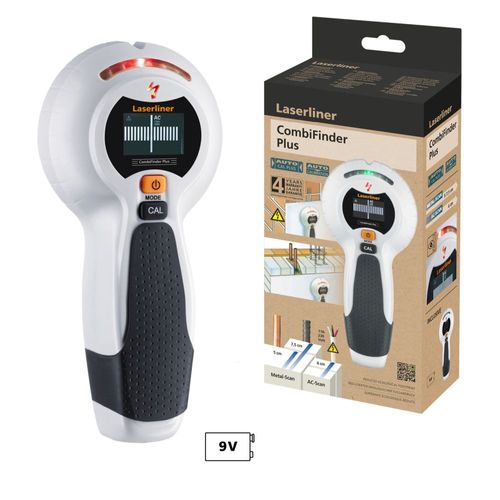 גלאי אלקטרוני LASERLINER CombiFinder Plus 080.955A - מכשיר לזיהוי מתכות וחוטי חשמל חיים בקירות עם תצוגה דיגיטלית וכיול אוטומטי לעבודות בנייה ושיפוצים