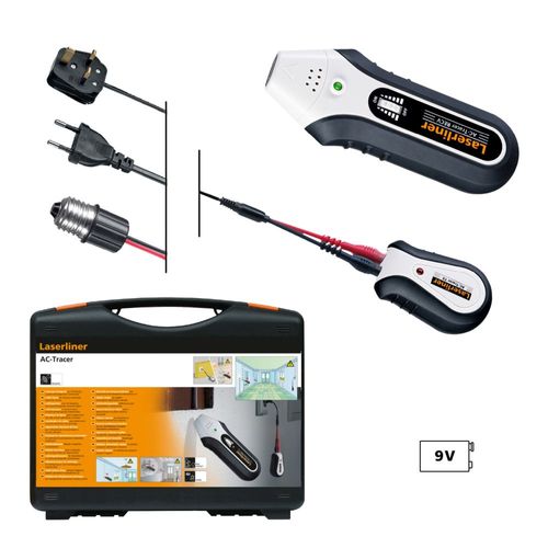 ערכת גילוי חוטי חשמל LASERLINER AC Tracer דגם 083.050A - משדר ומקלט עם מתאמים לזיהוי מעגלים חשמליים בקירות ללא מגע עד עומק 5 ס