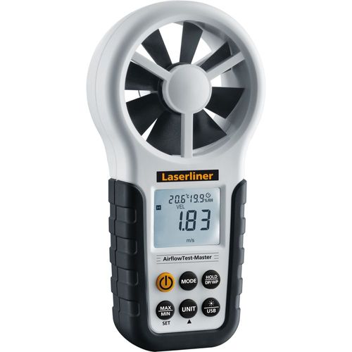 מד זרימת אוויר מקצועי LASERLINER AirflowTest-Master 082.140A - מכשיר מדידה דיגיטלי עם מדחף גדול, צג מואר וחיישנים מובנים למדידת זרימת אוויר, טמפרטורה ולחות במערכות מיזוג אוויר ואוורור