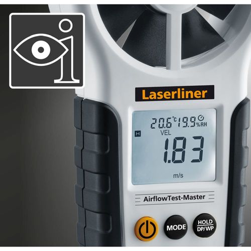מד זרימת אוויר מקצועי LASERLINER AirflowTest-Master 082.140A - מכשיר מדידה דיגיטלי עם מדחף גדול, צג מואר וחיישנים מובנים למדידת זרימת אוויר, טמפרטורה ולחות במערכות מיזוג אוויר ואוורור