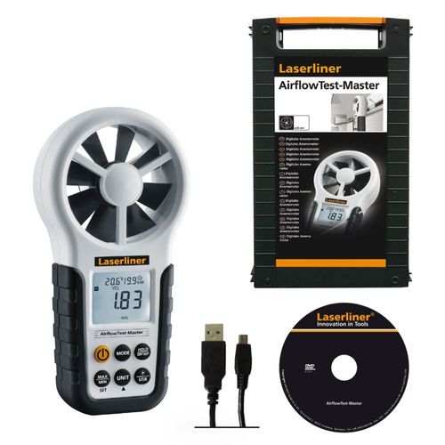 מד זרימת אוויר מקצועי LASERLINER AirflowTest-Master 082.140A - מכשיר מדידה דיגיטלי עם מדחף גדול, צג מואר וחיישנים מובנים למדידת זרימת אוויר, טמפרטורה ולחות במערכות מיזוג אוויר ואוורור