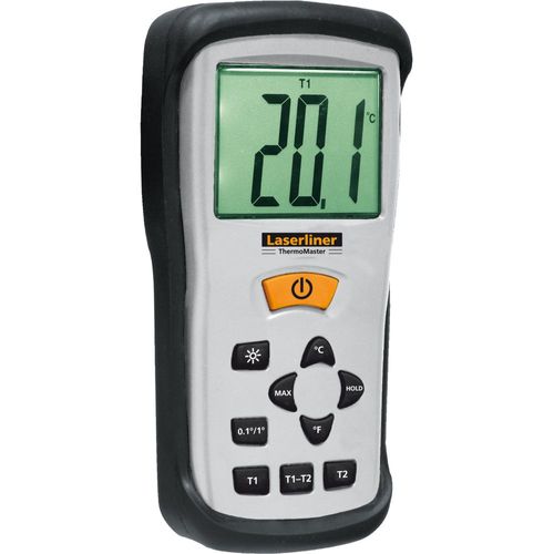 מד חום דיגיטאלי ThermoMaster LASERLINER 082.035A - מכשיר מקצועי עם מסך LCD מואר, 2 חיישני K גמישים ותיק נשיאה קשיח למדידות טמפרטורה במעבדות ותעשיה