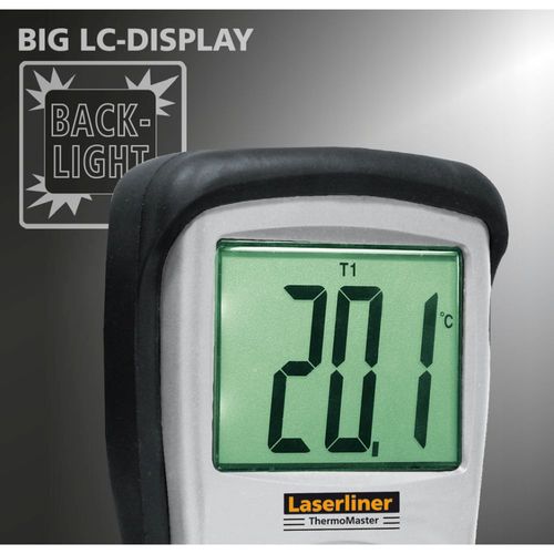 מד חום דיגיטאלי ThermoMaster LASERLINER 082.035A - מכשיר מקצועי עם מסך LCD מואר, 2 חיישני K גמישים ותיק נשיאה קשיח למדידות טמפרטורה במעבדות ותעשיה