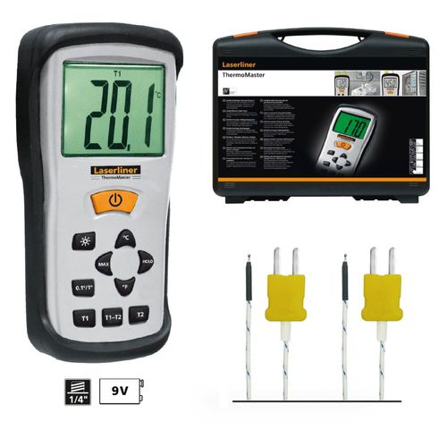 מד חום דיגיטאלי ThermoMaster LASERLINER 082.035A - מכשיר מקצועי עם מסך LCD מואר, 2 חיישני K גמישים ותיק נשיאה קשיח למדידות טמפרטורה במעבדות ותעשיה