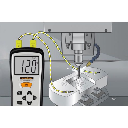 מד חום דיגיטאלי ThermoMaster LASERLINER 082.035A - מכשיר מקצועי עם מסך LCD מואר, 2 חיישני K גמישים ותיק נשיאה קשיח למדידות טמפרטורה במעבדות ותעשיה