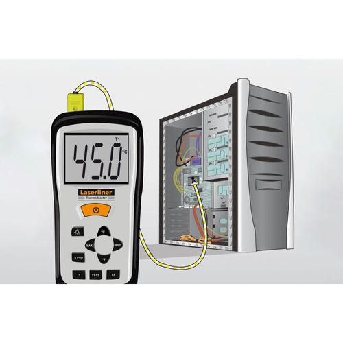 מד חום דיגיטאלי ThermoMaster LASERLINER 082.035A - מכשיר מקצועי עם מסך LCD מואר, 2 חיישני K גמישים ותיק נשיאה קשיח למדידות טמפרטורה במעבדות ותעשיה