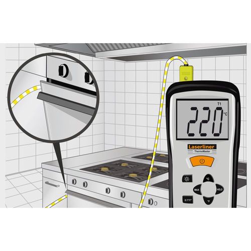 מד חום דיגיטאלי ThermoMaster LASERLINER 082.035A - מכשיר מקצועי עם מסך LCD מואר, 2 חיישני K גמישים ותיק נשיאה קשיח למדידות טמפרטורה במעבדות ותעשיה