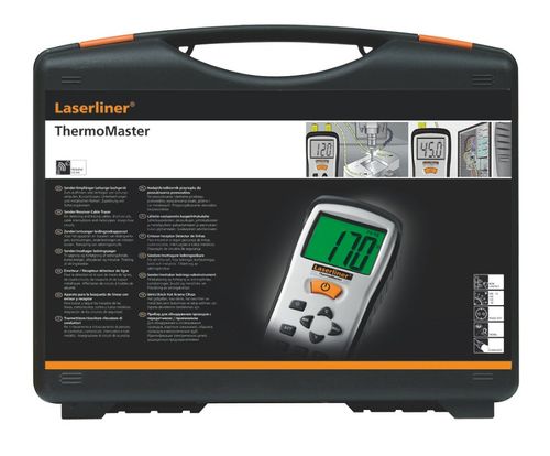מד חום דיגיטאלי ThermoMaster LASERLINER 082.035A - מכשיר מקצועי עם מסך LCD מואר, 2 חיישני K גמישים ותיק נשיאה קשיח למדידות טמפרטורה במעבדות ותעשיה
