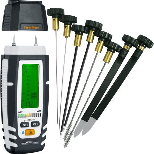 מכשיר בדיקת לחות LASERLINER DampMaster Compact Pro 082.325A - מכשיר דיגיטלי מקצועי עם ערכת דוקרנים מתמחים למדידת לחות בעץ וחומרי בניה