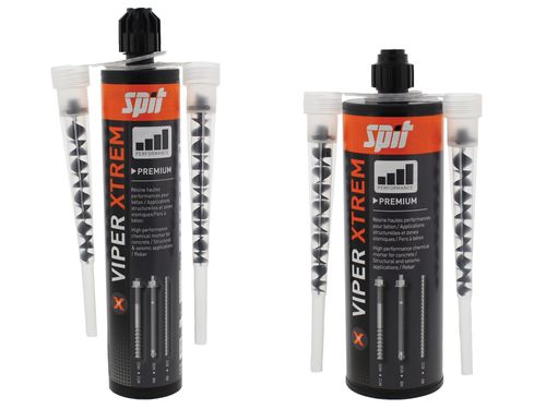 דבק עיגון כימי SPIT VIPER XTREM - קרטריג' וינילסטר לעומסים כבדים עם זרבובית ערבוב שקופה לעיגון קוצים ומוטות הברגה בבטון