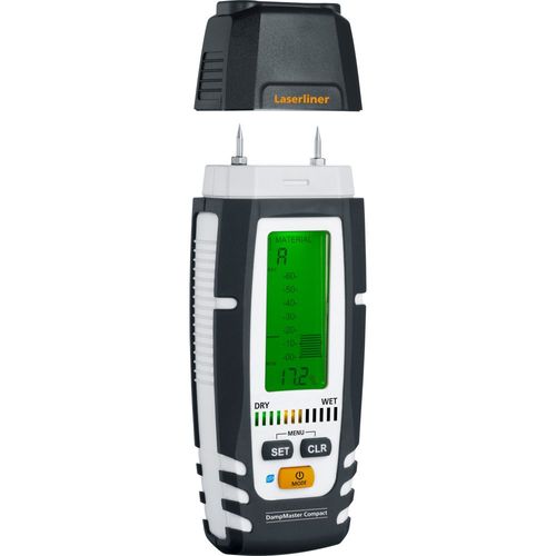 מכשיר בדיקת לחות LASERLINER DampMaster Compact Plus 082.321A - מד לחות דיגיטלי עם Bluetooth, תצוגה מוארת ואלקטרודות נעיצה למדידה מקצועית בעץ וחומרי בניין