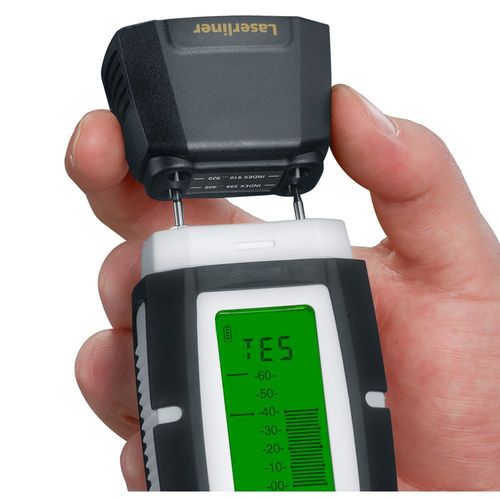מכשיר בדיקת לחות LASERLINER DampMaster Compact Plus 082.321A - מד לחות דיגיטלי עם Bluetooth, תצוגה מוארת ואלקטרודות נעיצה למדידה מקצועית בעץ וחומרי בניין