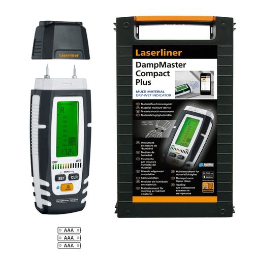 מכשיר בדיקת לחות LASERLINER DampMaster Compact Plus 082.321A - מד לחות דיגיטלי עם Bluetooth, תצוגה מוארת ואלקטרודות נעיצה למדידה מקצועית בעץ וחומרי בניין