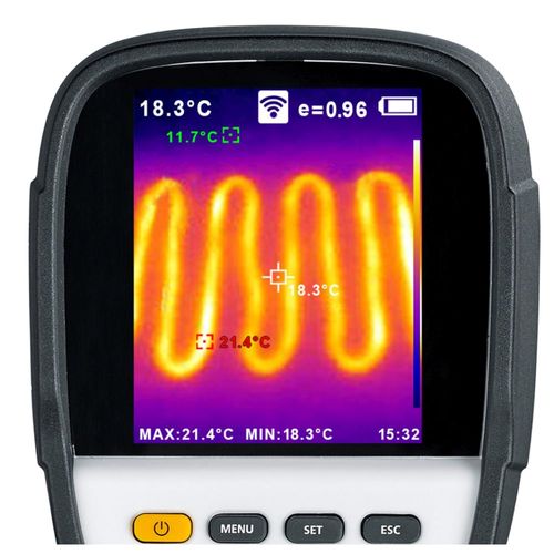 מצלמה תרמית מקצועית LASERLINER ThermoCamera Connect דגם 082.086A - מבט על רקע לבן המציג תצוגה צבעונית 3.2 אינץ' וחיישן אינפרא אדום לניתוח טמפרטורות מדויק