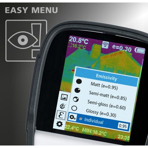 מצלמה תרמית מקצועית LASERLINER ThermoCamera Connect דגם 082.086A - מבט על רקע לבן המציג תצוגה צבעונית 3.2 אינץ' וחיישן אינפרא אדום לניתוח טמפרטורות מדויק