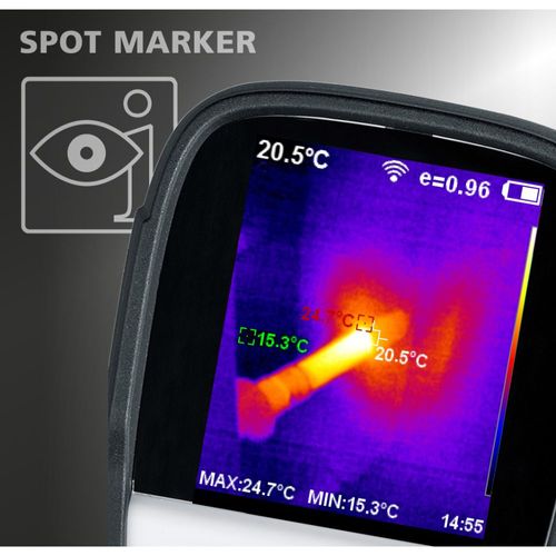 מצלמה תרמית מקצועית LASERLINER ThermoCamera Connect דגם 082.086A - מבט על רקע לבן המציג תצוגה צבעונית 3.2 אינץ' וחיישן אינפרא אדום לניתוח טמפרטורות מדויק