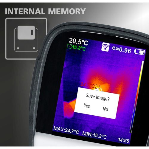 מצלמה תרמית מקצועית LASERLINER ThermoCamera Connect דגם 082.086A - מבט על רקע לבן המציג תצוגה צבעונית 3.2 אינץ' וחיישן אינפרא אדום לניתוח טמפרטורות מדויק