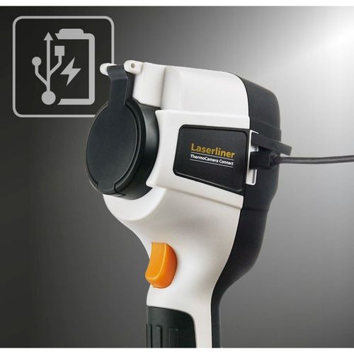מצלמה תרמית מקצועית LASERLINER ThermoCamera Connect דגם 082.086A - מבט על רקע לבן המציג תצוגה צבעונית 3.2 אינץ' וחיישן אינפרא אדום לניתוח טמפרטורות מדויק