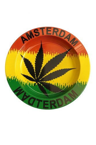 מאפרת מתכת עגולה – AMSTERDAM דגל ראסטה עם עלה קנאביס