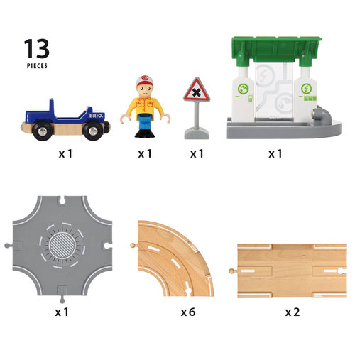 סט כביש עירוני עם תחנת תדלוק ודמות 13 חלקים מעץ