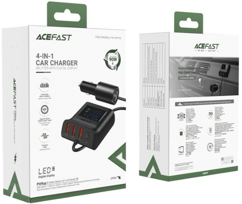 ACEFAST B8 – מפצל מצת לרכב עם 4 יציאות וצג דיגיטלי