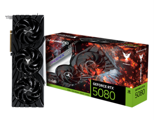 כרטיס מסך Gainward RTX 5080 Phoenix עם שלוש מאווררים ועיצוב גיימינג עוצמתי
