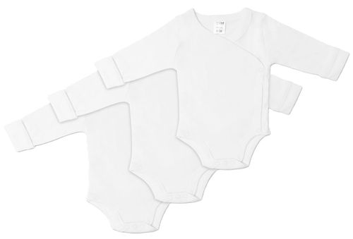 שלישיית בגד גוף מעטפת לתינוק עם שרוול ארוך 100% כותנה פלנל במידה NB - לבן