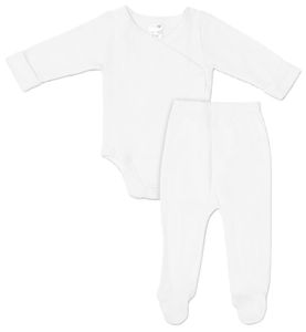 סט בגד גוף מעטפת לתינוק עם שרוול ארוך ומכנס רגלית 100% כותנה פלנל במידה 0-3 - לבן