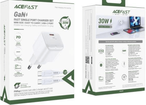 סט מטען קיר ACEFAST A77 mini GaN – PD 30W, יציאת USB-C יחידה + כבל  Type-C