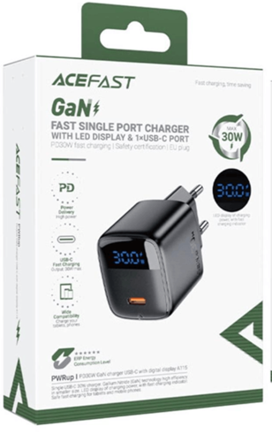 מטען קיר GaN מהיר עם צג LED – ACEFAST, יציאת USB-C יחידה PD 30W