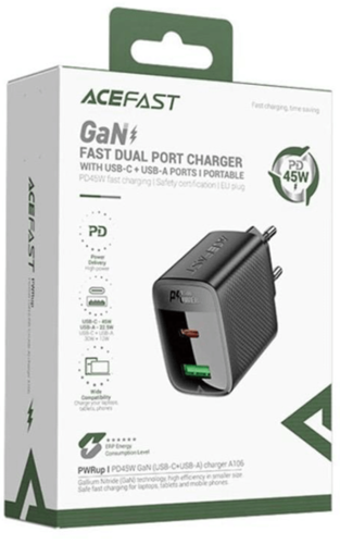 מטען קיר GaN דו־יציאות ACEFAST – PD ‎45W (USB-C + USB-A)