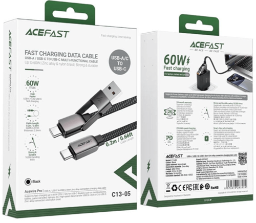 כבל טעינה/נתונים ACEFAST C13-05 – USB-A/C ל-USB-C, ‎60W, אורך ‎0.2m