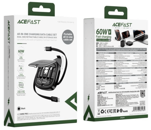ACEFAST – ערכת כבל טעינה/נתונים All-in-One עם כבל נשלף דו־צדדי עד 60W