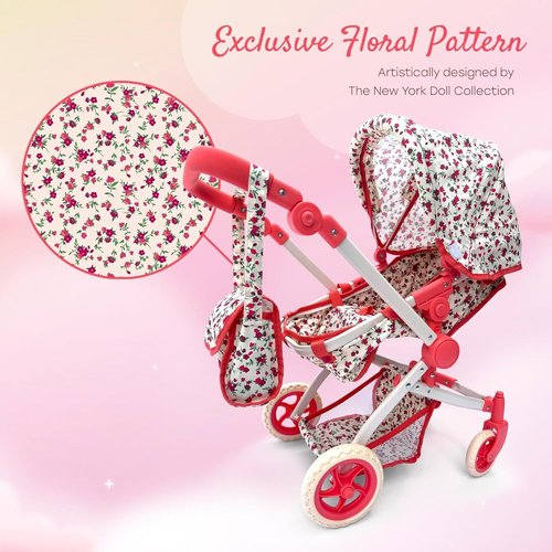 עגלת שכיבה ישיבה לבובה + תיק מבית New York Doll Collection - פרחוני