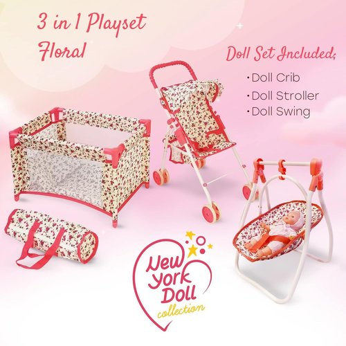 סט עגלה + סלקל + מיטה לבובה מבית New York Doll Collection