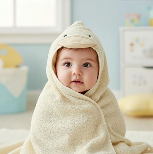 מגבת לתינוק עם רצועות קשירה וכובע 100% כותנה מסדרת 'חיות חביבות' - ברווז