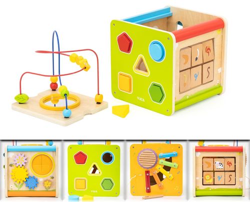 קוביית פעילות מעץ 9 ב 1 עם מבוך חרוזים, התאם צורה וגלגלי שיניים