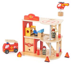 תחנת כיבוי אש תלת קומתית מעץ מלא עם 14 אביזרים