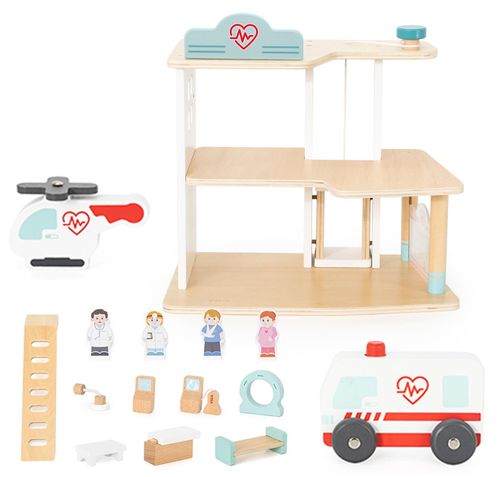 בית חולים תלת קומתי מעץ מלא עם 15 אביזרים